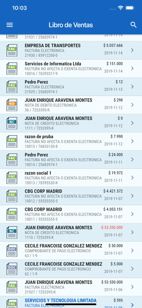Facturacion.cl - Captura de pantalla de la aplicación Facturacion.cl que muestra una lista de documentos de venta y facturas electrónicas.