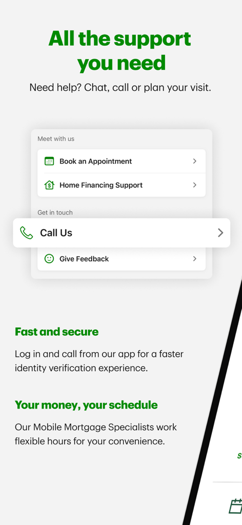 TD Canada Mobile App Support-Bildschirm mit Optionen zur Terminbuchung und Anruf beim Kundenservice