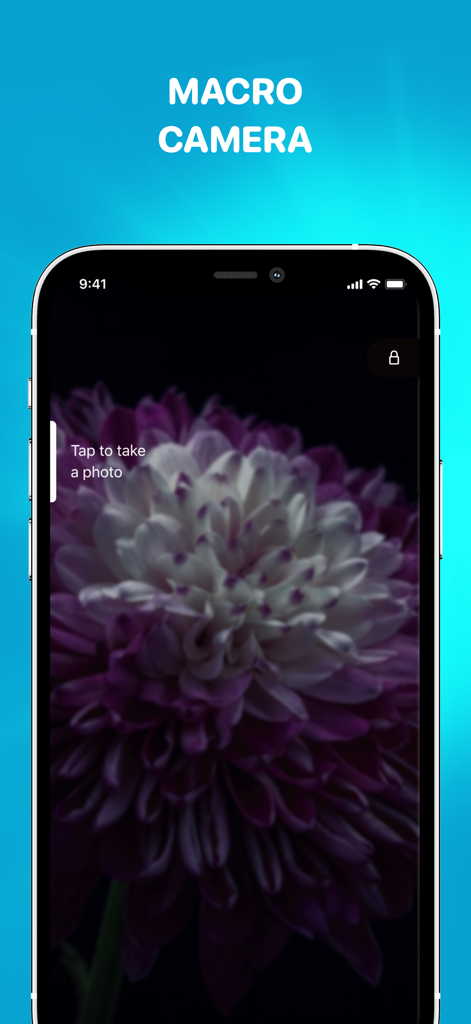 Magnifying Glass * Flashlight - Smartphone screen showing the macro camera feature of the Magnifying Glass app with a close up of a purple flower