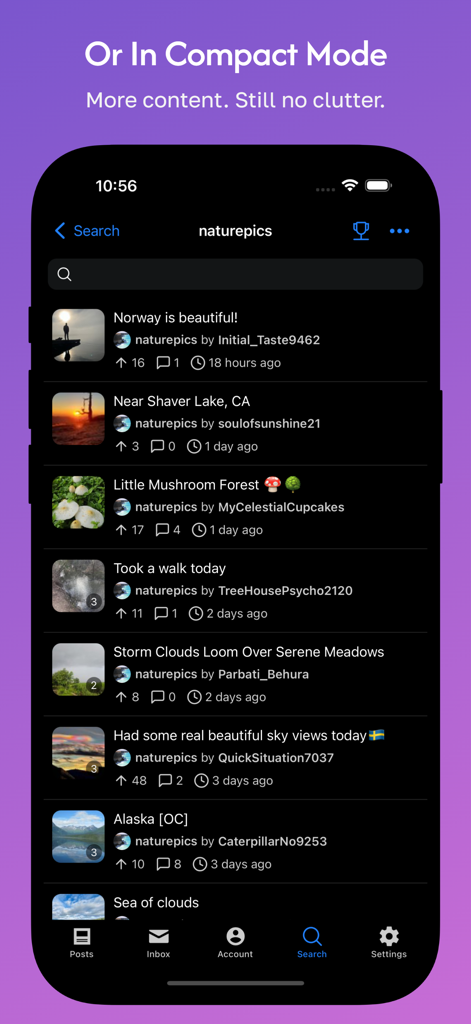 Hydra app interface in compact mode showing a list of reddit posts