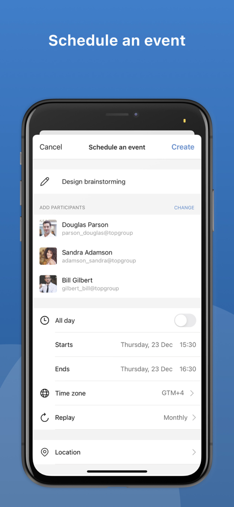 Lenza - The schedule an event interface of the Lenza app showing meeting details and participants with corporate domains
