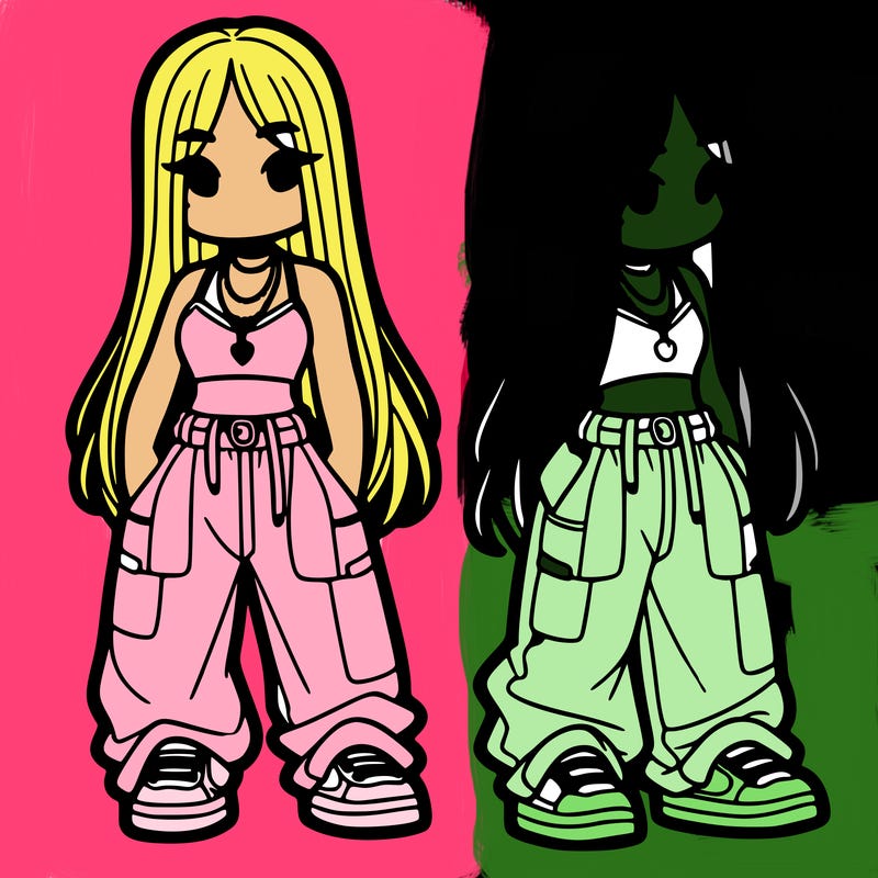 girl in baggy pants crop top and long hair