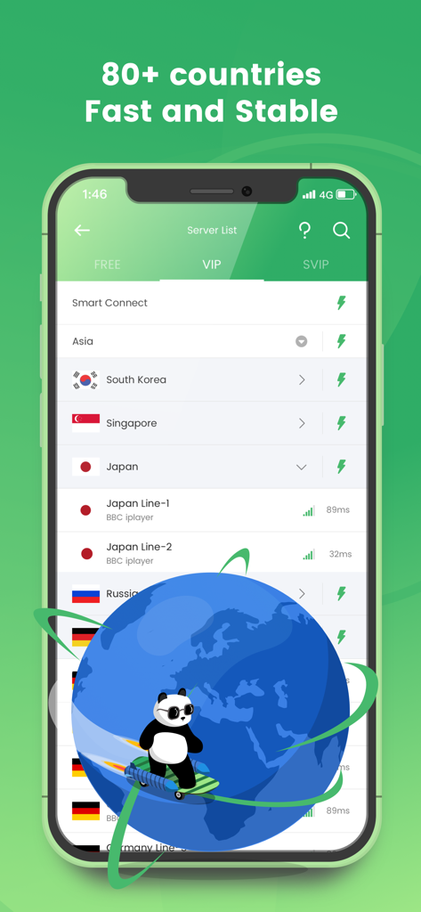 PandaVPN Lite app interface showing a list of VIP servers in Asia including Japan and Singapore with a fast and stable global connection message.