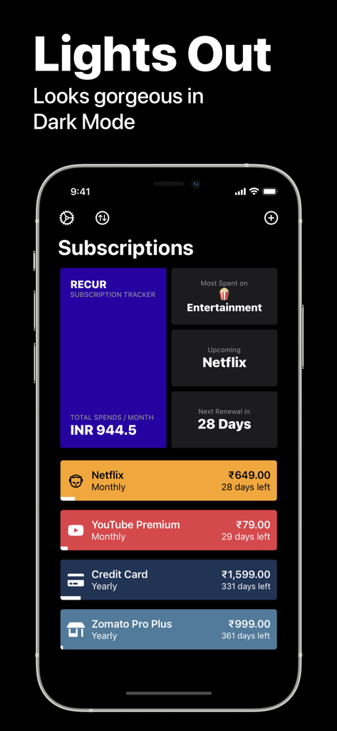 Subscription Manager - Recur - The Recur app interface on an iPhone displaying subscription spending and upcoming renewals in dark mode