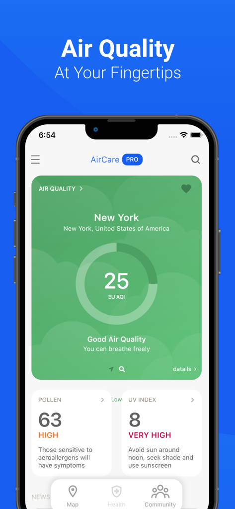 Air Quality & Pollen - AirCare - AirCare mobile app interface showing air quality index, pollen levels, and UV index in New York.