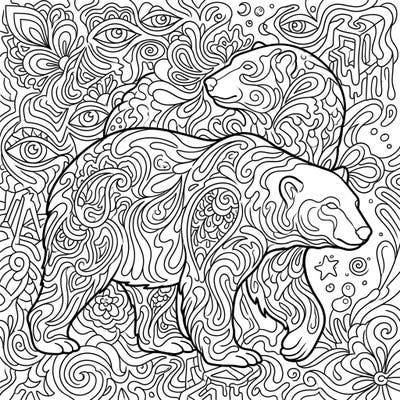 Journey into a mesmerizing world with this psychedelic polar bear coloring page, featuring two majestic bears adorned with intricate, swirling patterns. Unleash your inner artist and bring this fantastical Arctic scene to life with your vibrant color choices.