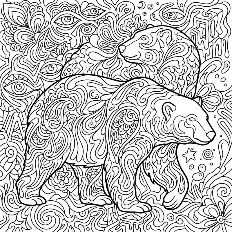 Journey into a mesmerizing world with this psychedelic polar bear coloring page, featuring two majestic bears adorned with intricate, swirling patterns. Unleash your inner artist and bring this fantastical Arctic scene to life with your vibrant color choices.