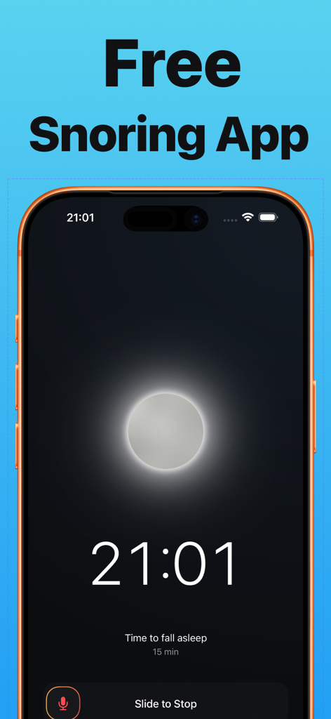 Snorly app recording interface on a smartphone screen showing a sleep timer and a slide to stop button