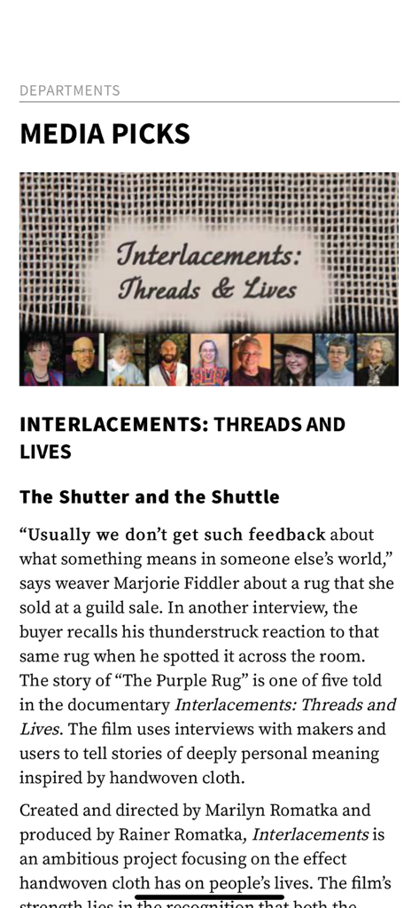 Handwoven - Digital magazine article in the Handwoven app about the Interlacements documentary