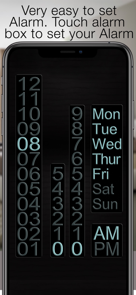 Best Clock Radio & Podcast - Interface do usuário para definir um horário de alarme e selecionar dias recorrentes da semana
