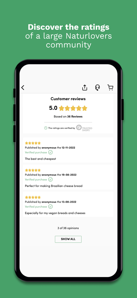 Naturitas: Natural Health - A smartphone screen showing a five star rating and positive customer reviews for the Naturitas app