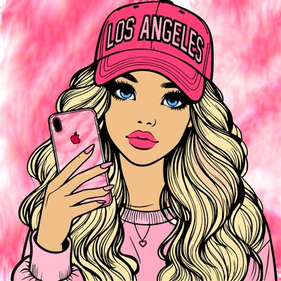 realistic beautiful girl wearing los ángeles cap holding an iphone