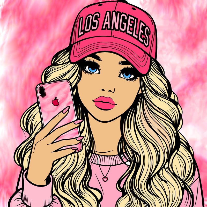 realistic beautiful girl wearing los ángeles cap holding an iphone