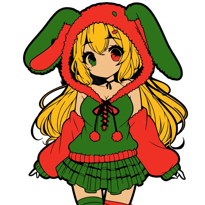 pretty anime girl wearing a fluffy hoodie with bunny ears on the hood and a skirt