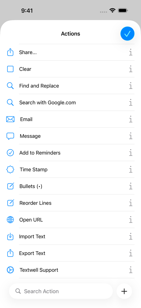 Textwell - Un elenco di azioni di testo personalizzabili nell'app Textwell, inclusi condivisione via email e trova e sostituisci.