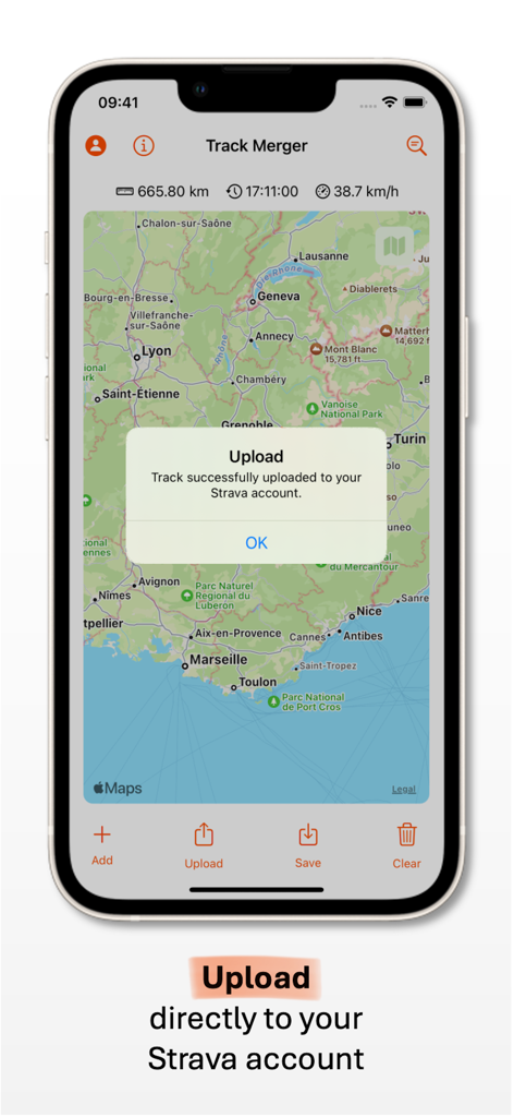 Track Merger - Track Merger app interface showing a successful upload to Strava