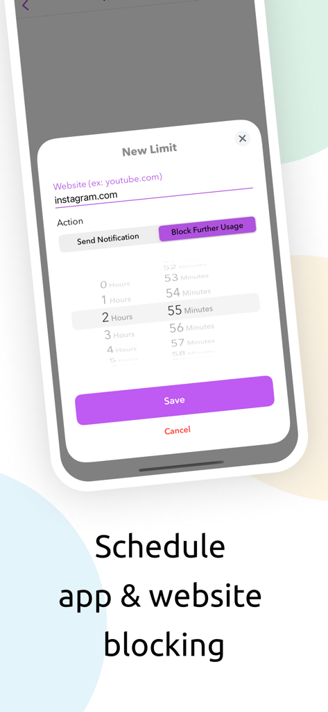 StayFree - Block Apps & Sites - Interfaz de la aplicación StayFree mostrando cómo programar un límite de uso diario para Instagram