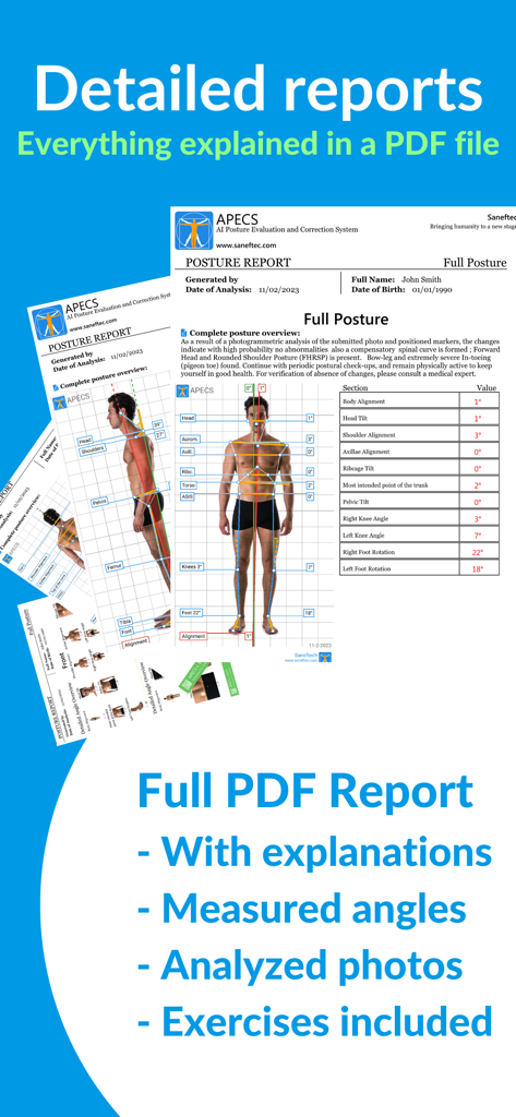 Example of a detailed APECS posture evaluation PDF report showing measured angles and body alignment analysis