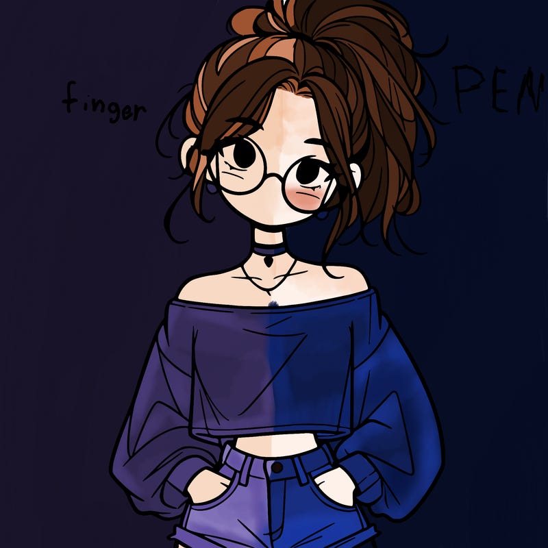 girl with a messy ponytail glasses a baggy crop top and jean shorts