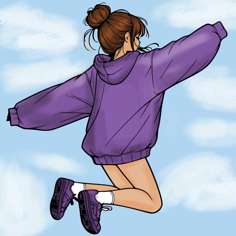 realistic girl jumping with a bun and oversized sweatshirt