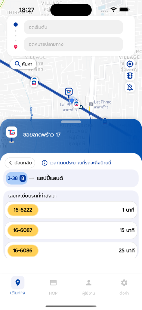 TSB Go Plusのモバイルアプリインターフェース。バンコクのバス路線とリアルタイムの到着予定時刻が表示された地図が表示されています。