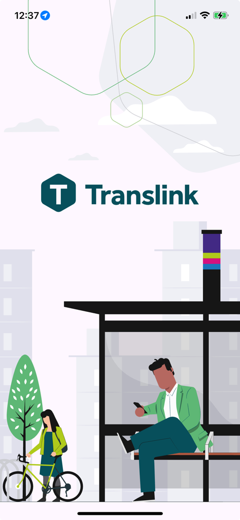 Pantalla de inicio de la aplicación Translink Planner que muestra una ilustración de viajeros en una parada de autobús