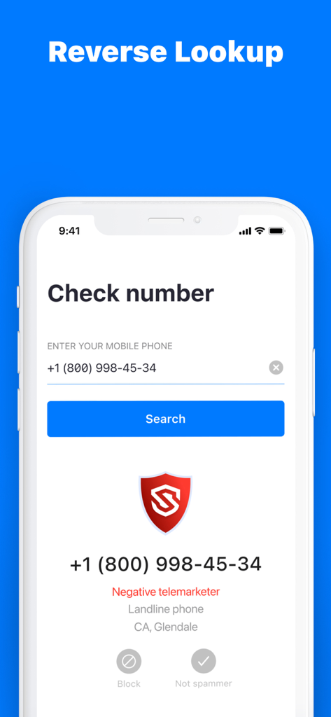 Spam Call Blocker Scam Shield - Reverse lookup screen identifying a telemarketer phone number