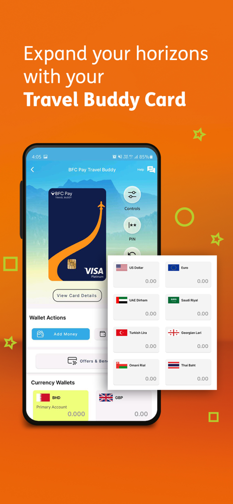 BFC Pay - BFC Payモバイルアプリの画面。トラベルバディVisaカードとさまざまな通貨ウォレットオプションが表示されています。