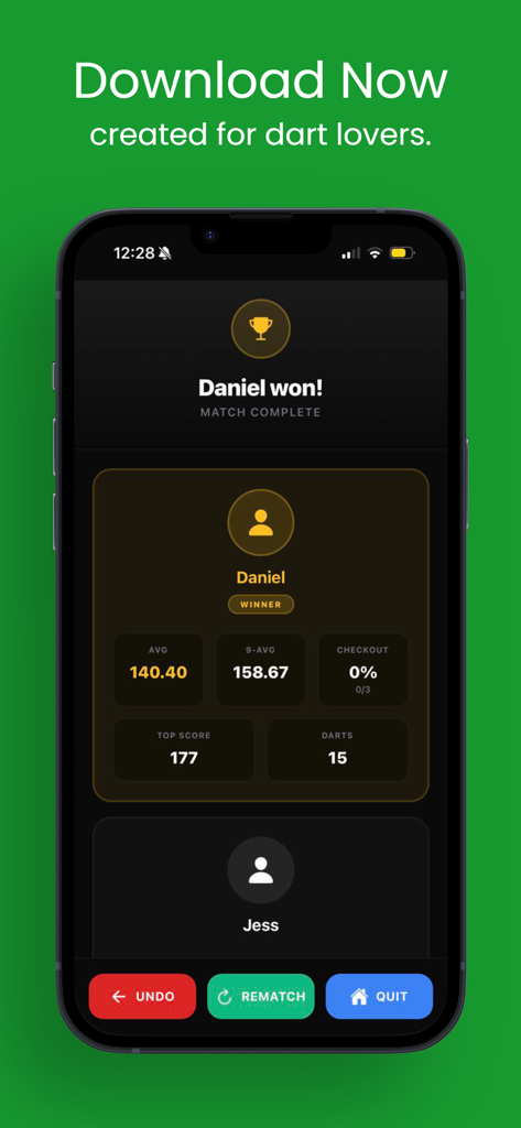 Darts Scoreboard: Darts Scorer - Zusammenfassungsbildschirm des Darts Scoreboard App-Spiels mit Gewinnerstatistiken, einschließlich Durchschnittspunktzahl und höchster Punktzahl.