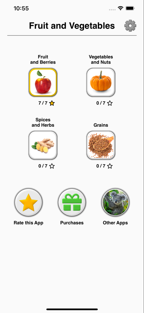 Fruit and Vegetables - Quiz - Main menu of the Fruit and Vegetables Quiz app showing category icons for fruit vegetables spices and grains