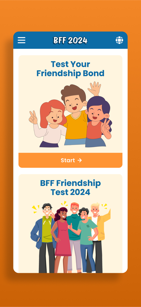 Bff Friendship Test - The home screen of the BFF Friendship Test 2024 app featuring colorful cartoon illustrations of friends and a start button for friendship quizzes.