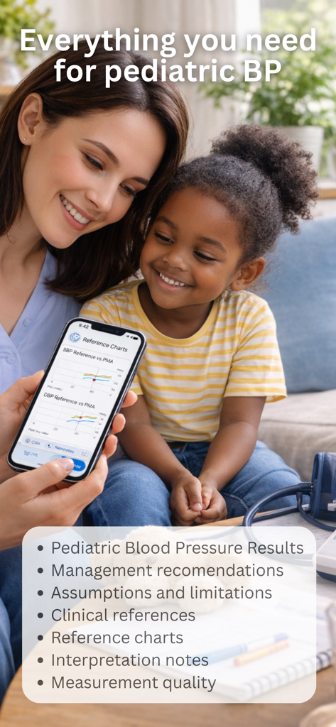 Blood Pressure: PediaBP - A mother and child looking at pediatric blood pressure reference charts on the PediaBP app screen.