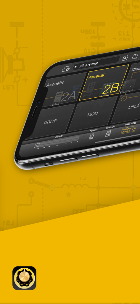 Interfaz de la aplicación móvil BIAS FX para procesamiento de amplificadores y efectos de guitarra en iPhone