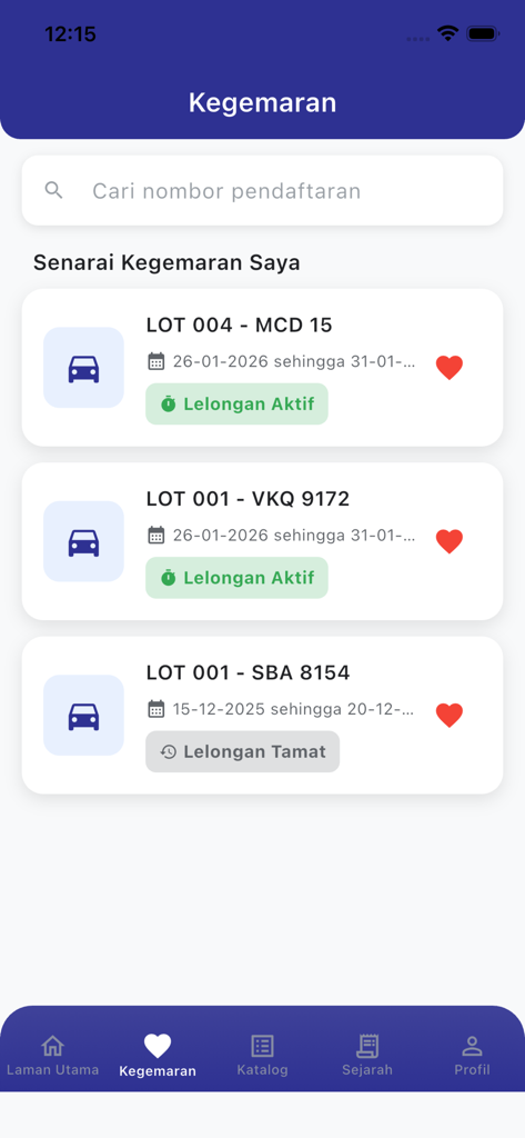JPJvBid - JPJvBid mobile app screen displaying a user favorites list of Malaysian vehicle auction lots