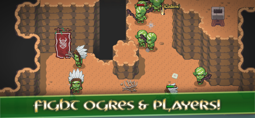 Avalonia Online RPG - Avalonia Online RPG gameplay showing 2D pixel art characters fighting green ogres with a text overlay saying Fight Ogres and Players