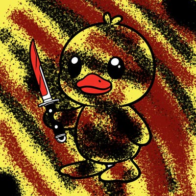 plushie duck standing up holding kinfe