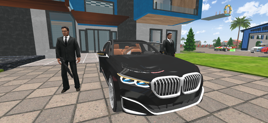 Two men in suits standing next to a black luxury car in front of a modern house