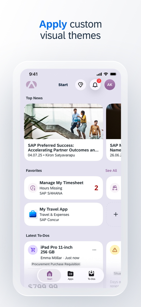 SAP Mobile Start - Dashboard of the SAP Mobile Start app with custom visual themes and business task sections.