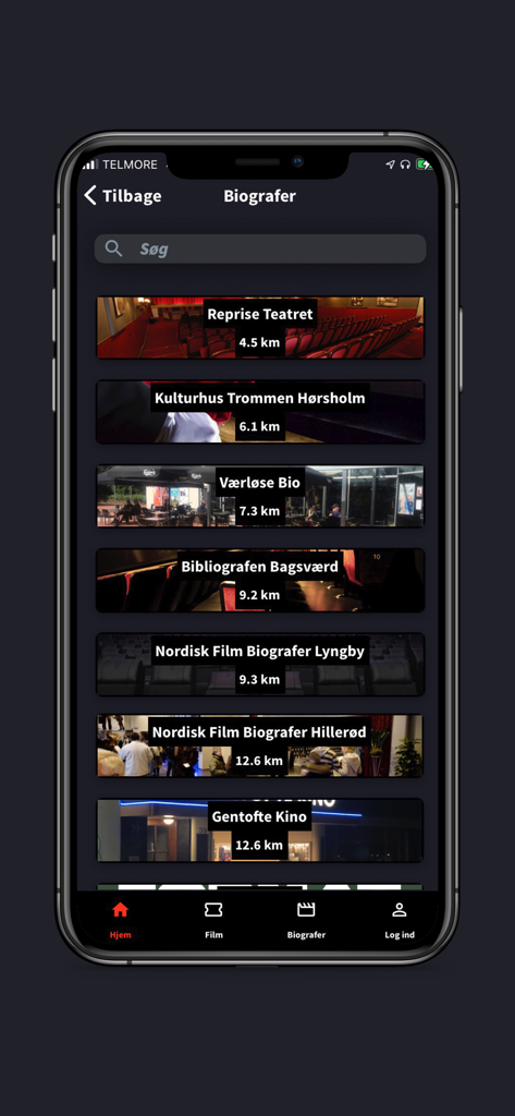Una lista de cines en Dinamarca con nombres y distancias en la aplicación kino.dk