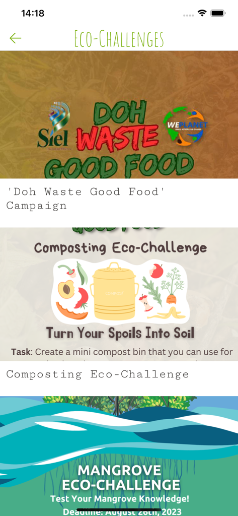 WePlanet - WePlanet App-Bildschirm, der verschiedene Umwelt-Herausforderungen wie Kompostieren und Reduzierung von Lebensmittelabfällen zeigt.