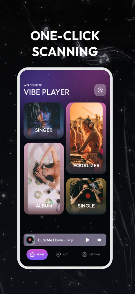 Vibe Player - Offline - Vibe Player offline music app interface showing library scanning and song categories
