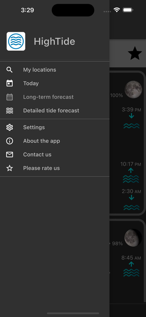 Menu de navegação lateral do aplicativo HighTide com opções para previsões de maré e configurações
