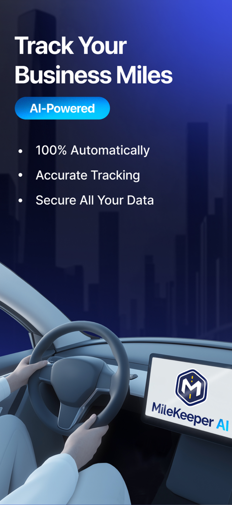 MileKeeper: Mileage Tracker AI - MileKeeper AI app showing automatic business mileage tracking features inside a vehicle