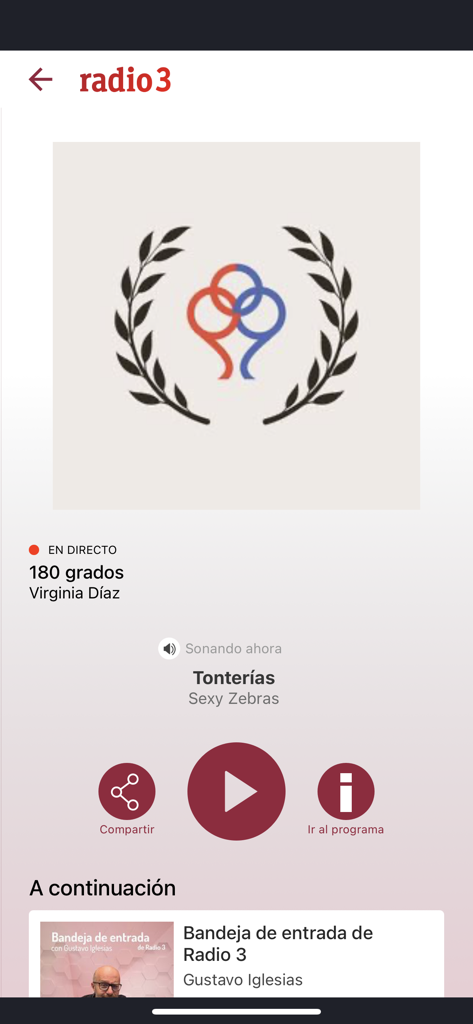 Radio 3 - Pantalla de transmisión en vivo de la app Radio 3 mostrando el programa actual 180 grados e información de la canción.