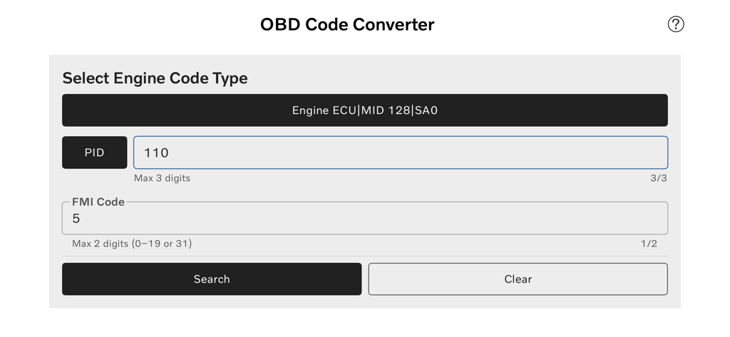 Prevost OBD Code Converter interface with fields for engine code type PID and FMI code search