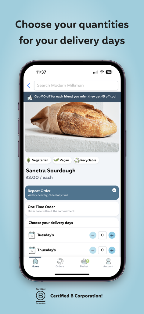 Modern Milkman app interface showing sourdough bread product details and delivery day quantity selection