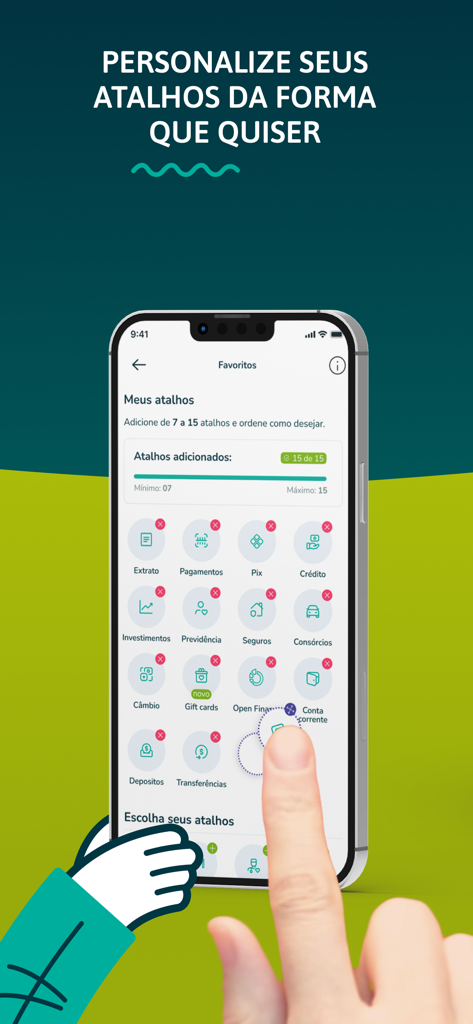 Una mano interactuando con la pantalla de un smartphone que muestra la función de personalización de accesos directos de la aplicación Sicoob