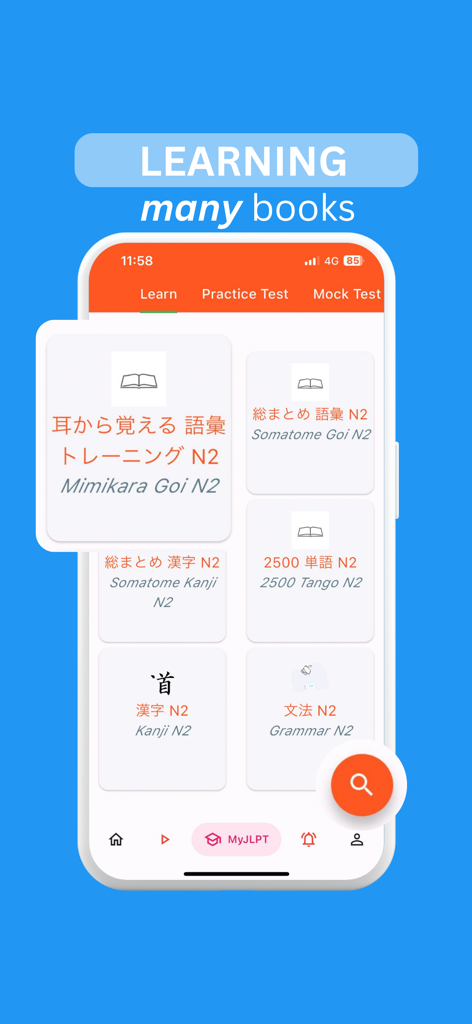 MyJLPT - O aplicativo MyJLPT exibindo vários módulos de aprendizado de japonês e livros para o teste de proficiência nível N2.
