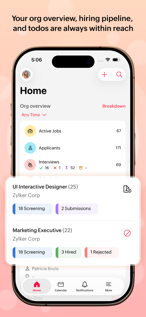 Zoho Recruit - Recruiting CRM - Zoho Recruit mobile app dashboard showing active jobs and hiring pipeline overview