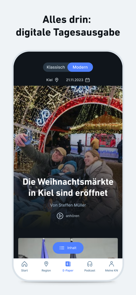 Interface de l'application d'actualités KN montrant un article local sur les marchés de Noël à Kiel.